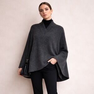 Tahari Wool Shawl Women's Jacket Wrap Overcoat Minimalist Boho V-Neck Gray Small